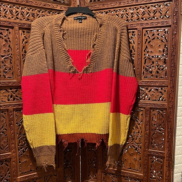 Derek Heart Womens Stripe Frayed Distressed Cropped Pullover Knit Sweater Size L - Picture 1 of 4